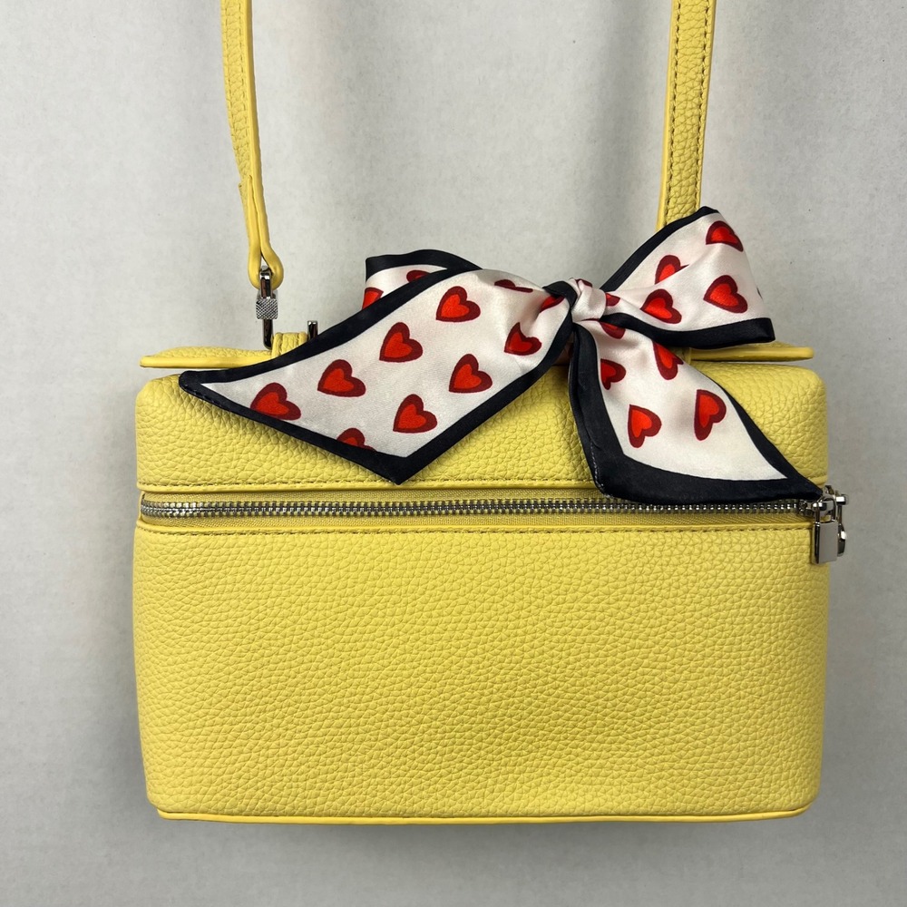 Yellow Pebbled Leather Vanity Crossbody Bag‎ Heart Print Scarf Silver Hardware